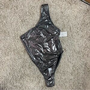 NWT Gray Shimmer Asymmetrical Off the Shoulder One Piece Swimsuit Size Small